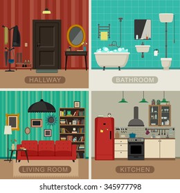 Interiors of living room, kitchen, bathroom and hall. Vector flat illustrations. Basic rooms of apartment.