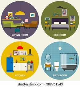 Interiors of living room, kitchen, bathroom and bedroom. Vector flat illustrations. Basic rooms of apartment.