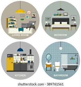 Interior de salón, cocina, baño y dormitorio. Ilustraciones planos vectoriales. Habitaciones básicas de apartamento.