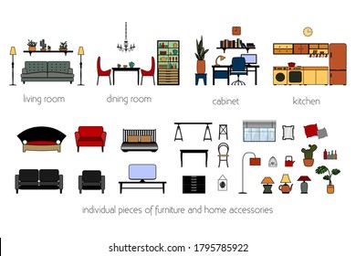 Interiors set flat style vector illustration. Dining room, living room, kitchen, cabinet. Furniture and home accessory elements to create your own interior.
