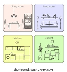 Inneneinrichtung setzt Linie Stil Vektorgrafik. Esszimmer, Wohnzimmer, Küche, Schrank. Möbel. 
