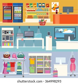 Interiors stores clothes, technology and food. Smartphone and clothing, grocery market, retail and supermarket, business and shopping, consumerism shop illustration. Supermarket interior. Retail store