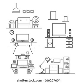 Interiors and workplace colorfull lineart vector illustration
