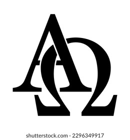 Interlaced Alpha and Omega, first and last letter in the classical Greek alphabet. Pair of letters, named in the Book of Revelation, meaning Jesus has existed for all eternity and that God is eternal.