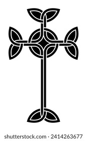 Interlaced Celtic Cross. Form eines lateinischen Kreuzes mit dreieckigen Knoten an seinen Enden, verflochten mit einem Kreis in der Mitte. Symbol und Zeichen, verwendet in mittelalterlicher christlicher Ornamentation. Schwarz-Weiß.