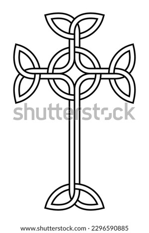 Interlaced Celtic cross. A Celtic form of the Latin cross, with triangular knots at its four ends, intertwined with a circle in the middle. A symbol and sign, used in medieval Christian ornamentation.