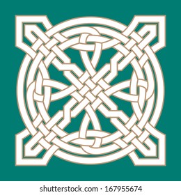 Interlaced Celtic Ornament Two. White on green Background