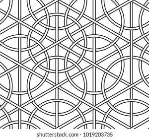 Interlaced circles, seamless line geometric vector pattern