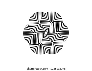 Interlaced Curvy Flower, Sacred Celtic knot, logo design element in black stripes, vector isolated on white background