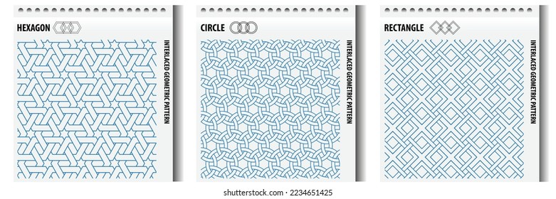 Interlaced geometric vector pattern hexagon circle rectangle blue line on white background.