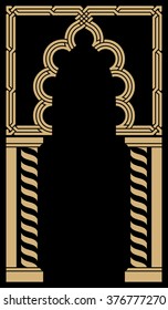 Interlaced gothic Arch. Ocher on Black. Cathedral decoration element.