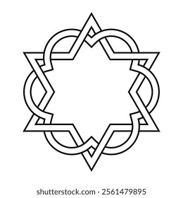 Interlaced hexagram and sixfoil. A six-pointed star, interwoven with an architectural sixfoil, a graphic form composed of the outline of six overlapping rings. Isolated black and white illistration.