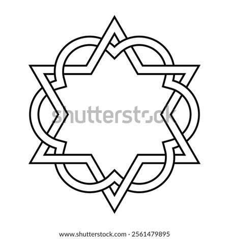 Interlaced hexagram and sixfoil. A six-pointed star, interwoven with an architectural sixfoil, a graphic form composed of the outline of six overlapping rings. Isolated black and white illistration.