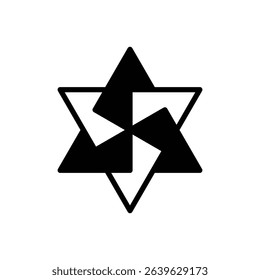 Interlaced hexagram variation. Outlined stroke vector icon with black-filled details.