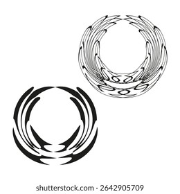 Interlaced ring wreath. Dual circular loops. Twisted brush strokes. Vector round emblem.