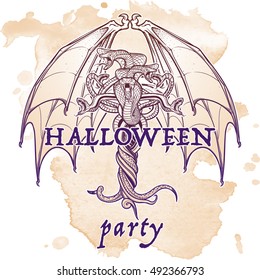 Interlaced snakes and bat wings as a sybmbolical representation of devil. Intricate hand drawing. Tattoo design. Halloween party invitation card design. Grunge background. EPS10 vector illustration.