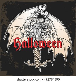 Interlaced snakes and bat wings as a sybmbolical representation of devil. Intricate hand drawing. Tattoo design. Halloween party invitation card design. Black and white. EPS10 vector illustration.
