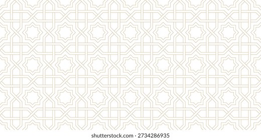 Interlaced star and cross shapes seamless pattern. Interwoven golden lines white Eid, Ramadan background. Islamic geometric linear pattern on white background. Luxury Art Deco lattice texture.