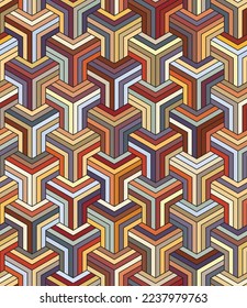 Interlaced striped geometric elements with multicolored lines in blue, red, yellow, and brown. Seamless pattern. Retro style. Ornamental vector image for textile, wrapping, and decorative projects.