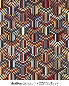 Interlaced striped geometric elements with multicolored lines in blue, red, yellow, and brown. Seamless pattern. Retro style. Ornamental vector image for textile, wrapping, and decorative projects.