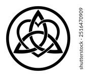 
Interlaced triquetra, interwoven with heart symbol, within a circle frame. Celtic knot and triangular figure, used in ancient Christian ornamentation, intertwined with heart symbol, within a border.