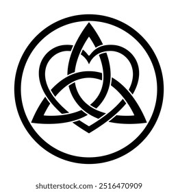 
Interlaced triquetra, interwoven with heart symbol, within a circle frame. Celtic knot and triangular figure, used in ancient Christian ornamentation, intertwined with heart symbol, within a border.