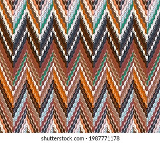 Interlaced Zigzags. Bohemian, Fashionable Seamless Ornament In Ethnic Style. In Modern Trendy Shades. Perfect For The Design Of Fabrics, Clothing, Interiors.