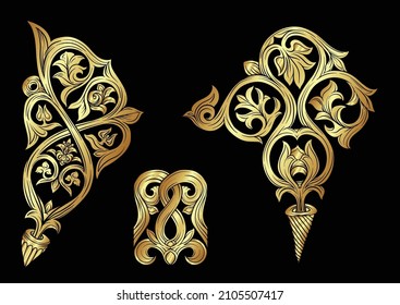 Interlacing abstract ornament in the medieval, romanesque style. Gold element for design. Vector illustration. Isolated on black background.
