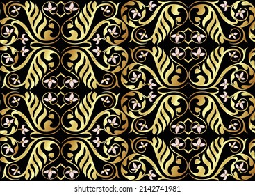 El interlineado y abstracto es de estilo medieval, románico. Patrón sin foco, fondo en oro y negro. Ilustración vectorial.