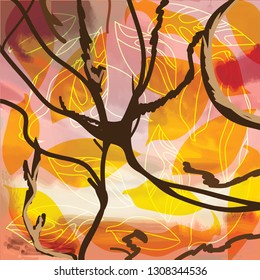 Interlacing of branches and leaves against the sky