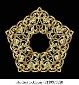 Interlacing circular abstract ornament in the medieval, romanesque style. Mandala. Element for design. hand drawing vector illustration in gold and black.