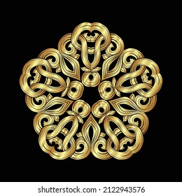 Interlacing circular abstract ornament in the medieval, romanesque style. Mandala. Element for design. hand drawing vector illustration in gold and black.