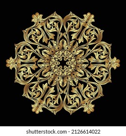 Interlacing circular abstract ornament in the medieval, romanesque style. Mandala. Element for design. hand drawing vector illustration in gold and black.