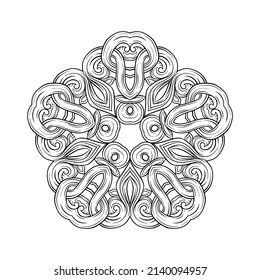 Interlacing circular abstract ornament in the medieval, romanesque style. Mandala. Element for design. Outline hand drawing vector illustration.