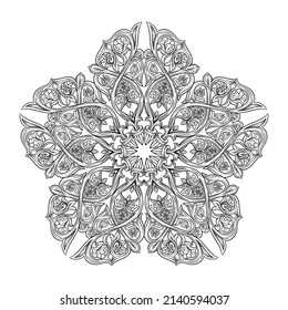 Interlacing circular abstract ornament in the medieval, romanesque style. Mandala. Element for design. Outline hand drawing vector illustration.