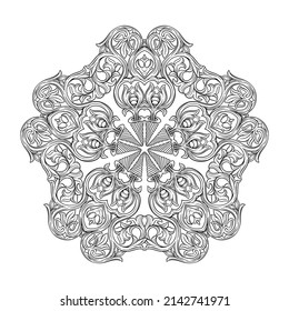 Interlacing circular abstract ornament in the medieval, romanesque style. Mandala. Element for design. Outline hand drawing vector illustration.