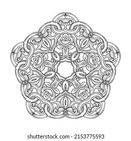 Interlacing circular abstract ornament in the medieval, romanesque style. Mandala. Element for design. Outline hand drawing vector illustration.