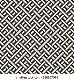 Interlacing Lines Maze Lattice. Ethnic Monochrome Texture. Abstract Geometric Background Design. Vector Seamless Black and White Pattern.