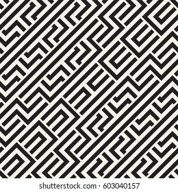 Interlacing Lines Maze Lattice. Ethnic Monochrome Texture. Abstract Geometric Background Design. Vector Seamless Black and White Pattern.