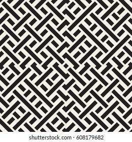 Interlacing Lines Maze Lattice. Ethnic Monochrome Texture. Vector Seamless Black and White Pattern