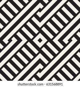 Interlacing Lines Maze Lattice. Ethnic Monochrome Texture. Abstract Geometric Background Design. Vector Seamless Black and White Pattern.