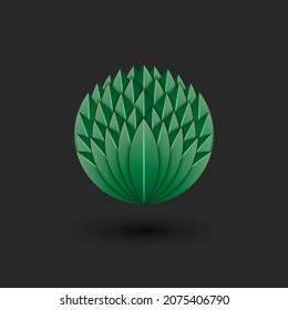 Interlineado de muchas hojas 3D logo, una compleja forma de capas de hojas verdes con símbolo botánico de sombras, una flor creativa con capas volumétricas de pétalos circulares.