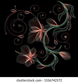 interlacing pale red flowers with green leaves, twigs and monograms on a black background. Vector illustration