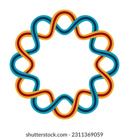 Interlacing smooth lines circular pattern, isolated on white background. Blue, yellow and red colors. Vector round color frame.
