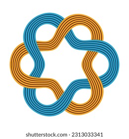 Interlacing smooth lines circular pattern, isolated on white background. Blue, yellow colors. Vector round color frame.