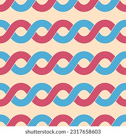 Interlacing wavy lines seamless vector pattern. Modern stylish geometric background. Color vector pattern. Interwoven blue and red wavy lines, stripes.