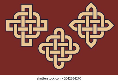 Interleaving celtic knot ornamental design set. Easy to recolor classy simple ornate decoration. Decorative retro art noveau rectangle elements. Minimalist geometrical weaving linear motif