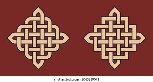 Interleaving celtic knot ornamental design set. Easy to recolor classy simple ornate decoration. Decorative retro art noveau rectangle elements. Minimalist geometrical weaving linear motif