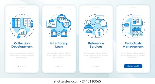 Interlibrary Operations Blue Onboarding Mobile App-Bildschirm. Walkthrough 4 Schritte Editierbare grafische Anweisungen mit linearen Konzepten. UI, UX, GUI-Vorlage. Montserrat Semibold, normale Schriftarten verwendet