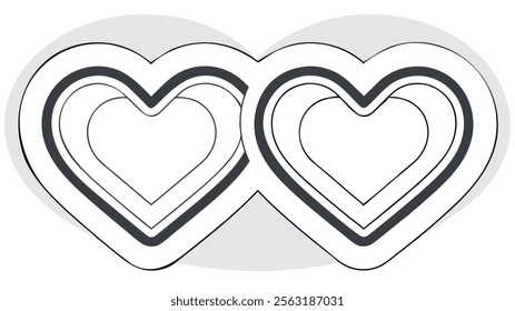 Interlinked black and white outline hearts illustration on a minimalistic background. Valentine's Day design